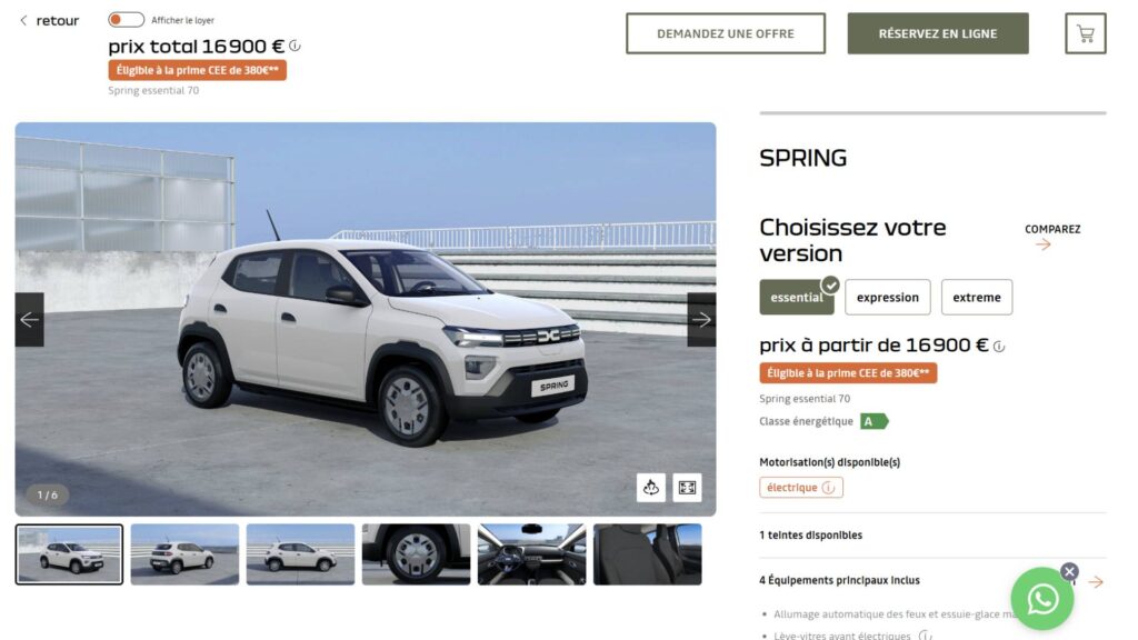 Prime CEE sur la Dacia Spring // Source : Capture site Dacia