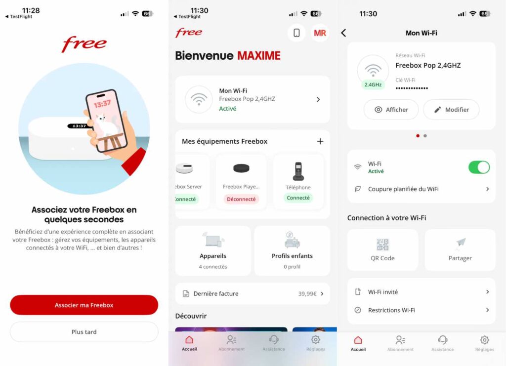 Captures de la nouvelle app Free par Univers Freebox.