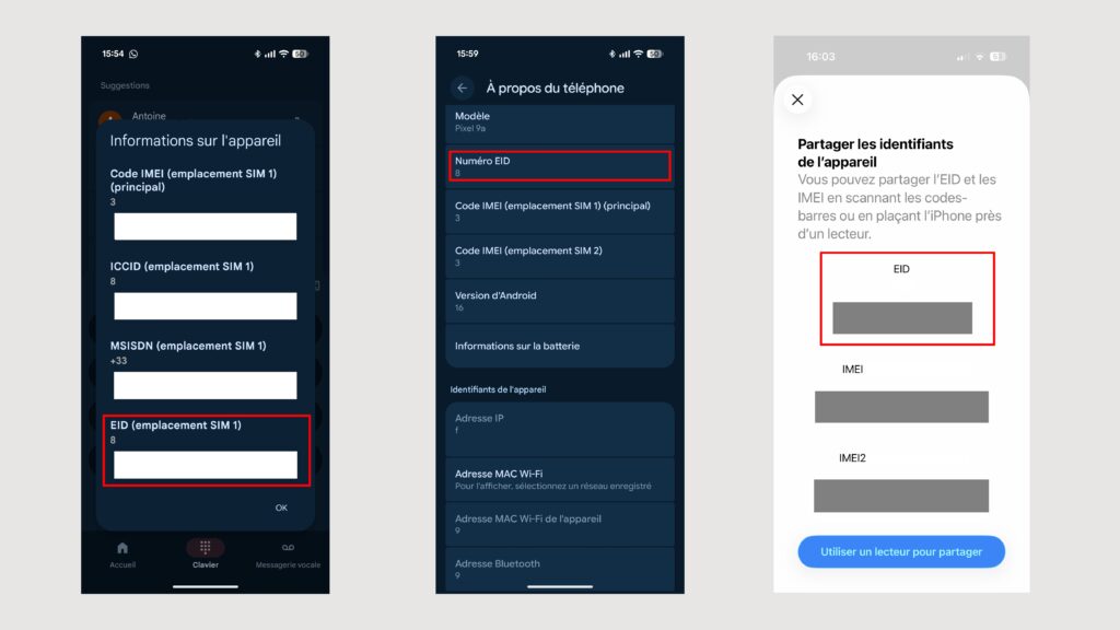 De gauche à droite : l'EID sous ANdroid depuis le clavier d'appel, depuis les réglages, et depuis les réglages sous iOS. De gauche à droite : l'EID sous ANdroid depuis le clavier d'appel, depuis les réglages, et depuis les réglages sous iOS.