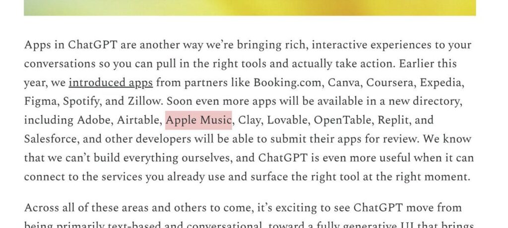 Dans sa newsletter, Fidhi Simo, le responsables des applications chez OpenAI, mentionne Apple Music.