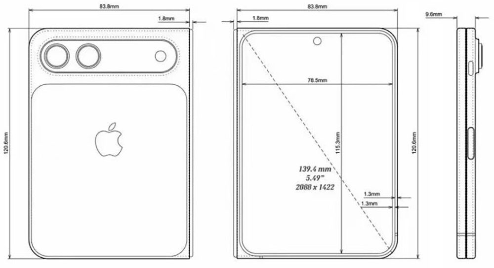Les dimensions suppos&eacute;es de l'iPhone Fold.