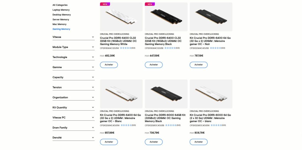 Le prix des barrettes DDR5 de RAM Crucial Le prix des barrettes DDR5 de RAM Crucial