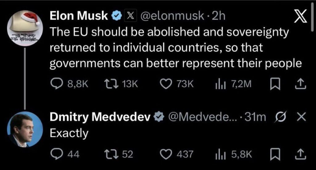 Dmitry Medvedev est d'accord avec Elon Musk sur l'Europe. Dmitry Medvedev est d'accord avec Elon Musk sur l'Europe.