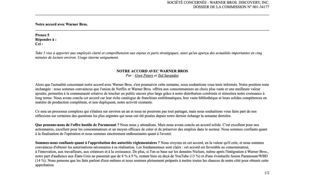 La lettre de Greg Peters et Ted Sarandos, adress&eacute;e aux employ&eacute;s.  // Source : Capture d'&eacute;cran 