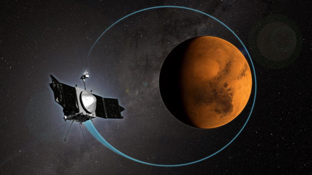 Illustration de MAVEN en orbite autour de Mars. // Source : Nasa