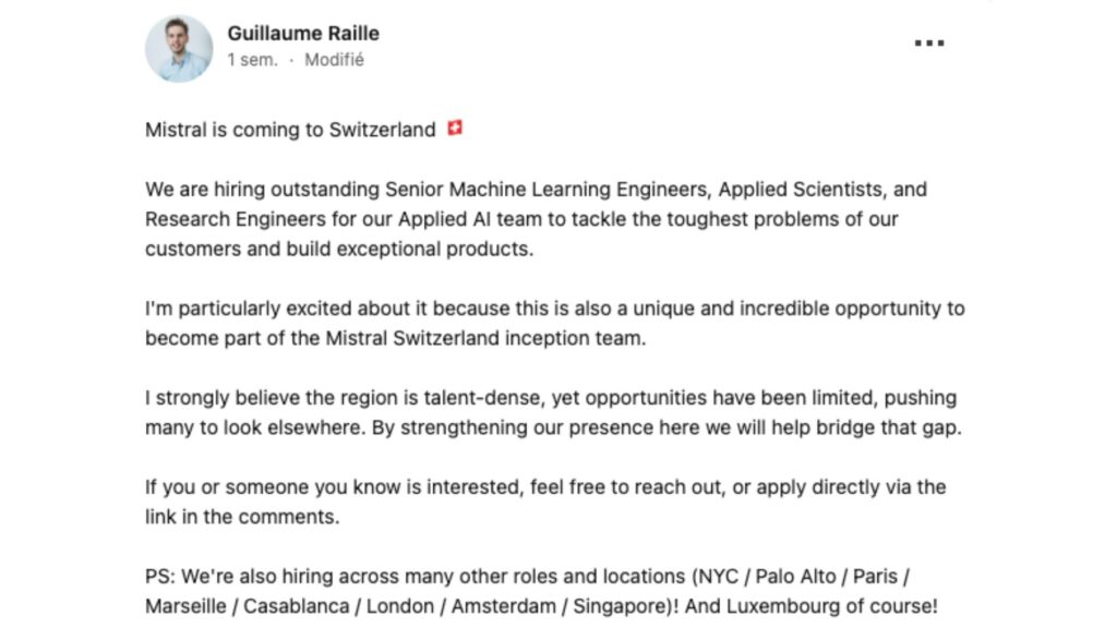 Un employé de Mistral a publié un post sur LinkedIn il y a une semaine. // Source : Capture d'écran Un employé de Mistral a publié un post sur LinkedIn il y a une semaine. // Source : Capture d'écran