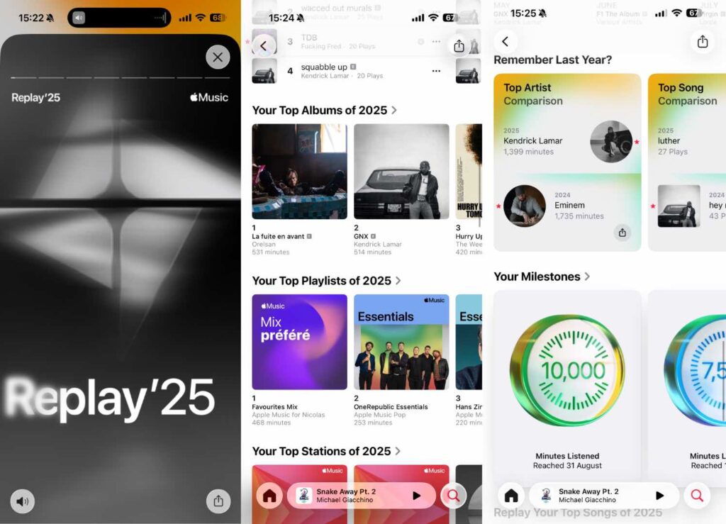 Captures d'écran de notre Apple Music Replay 2025.