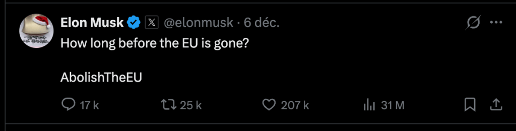 Combien de temps faudra-il pour faire disparaître l'UE, se demande Elon Musk ? Combien de temps faudra-il pour faire disparaître l'UE, se demande Elon Musk ?