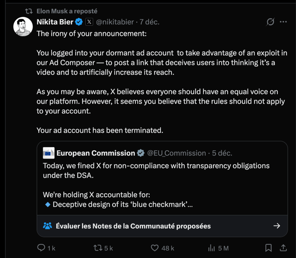 La Commission européenne ne peut plus utiliser d'outils publicitaires sur X. La Commission européenne ne peut plus utiliser d'outils publicitaires sur X.