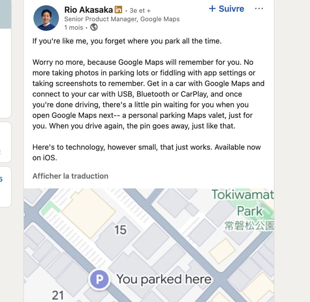 Sur la carte, un emplacement avec un P sera automatiquement ajouté quand vous vous garez. Sur la carte, un emplacement avec un P sera automatiquement ajouté quand vous vous garez.
