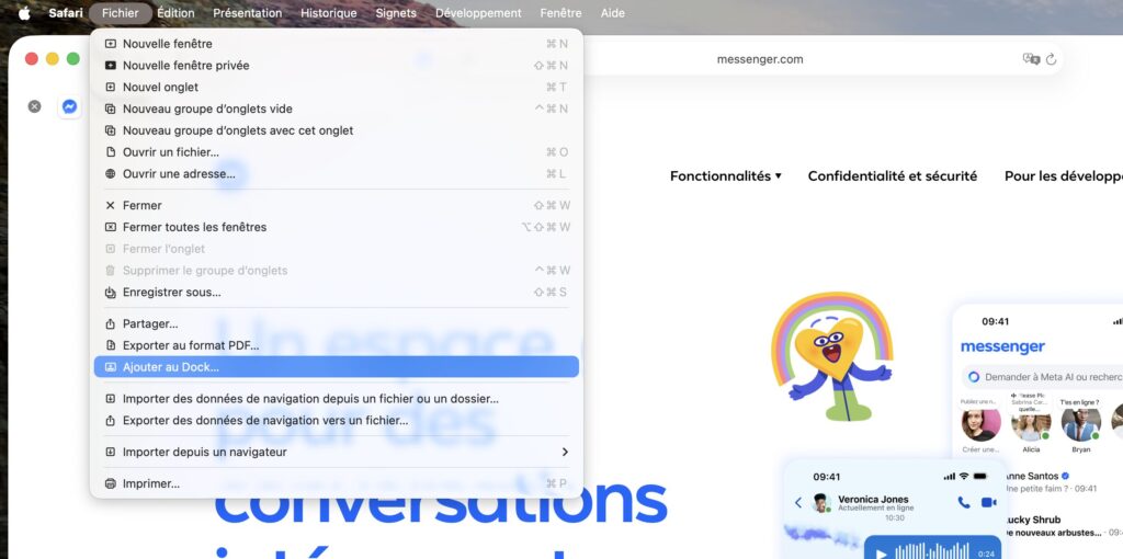 L'option Ajouter au Dock avec Safari. L'option Ajouter au Dock avec Safari.
