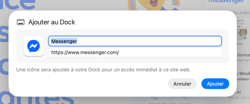 L'ajout de l'application Messenger au dock. L'ajout de l'application Messenger au dock.