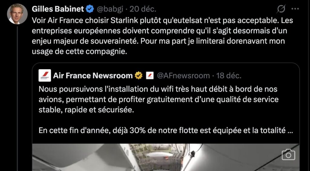 Gilles Babinet, pourtant sp&eacute;cialiste r&eacute;put&eacute; du num&eacute;rique, ne semble pas comprendre pourquoi Air France ne choisit par Eutelsat.