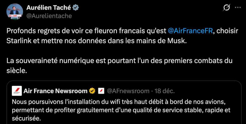 Un tweet d'un d&eacute;put&eacute; sur Air France et Starlink, qui prone la souveraine num&eacute;rique.