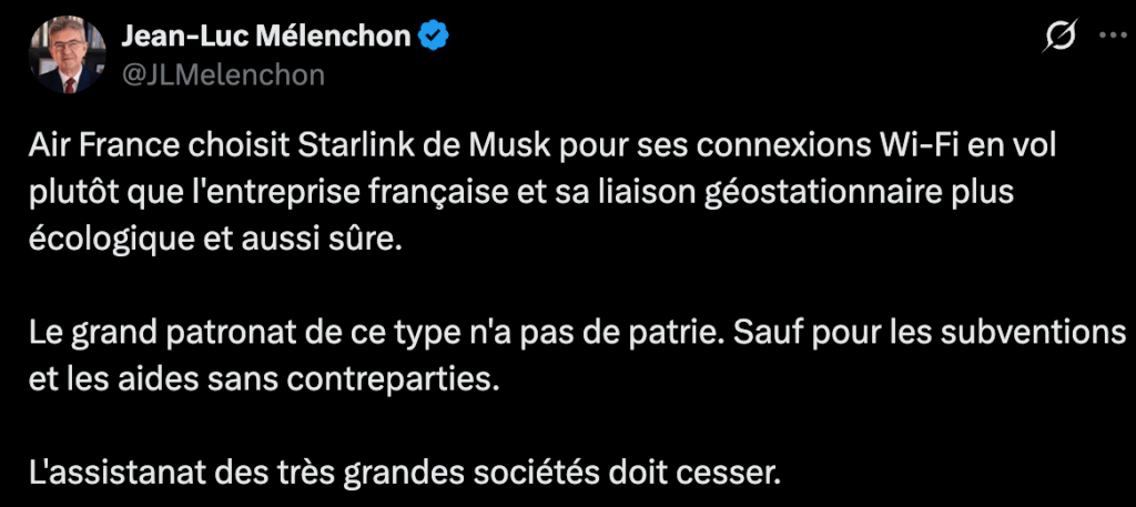 Le tweet de Jean-Luc M&eacute;lenchon, qui s'est joint &agrave; l'indignation le dimanche soir.