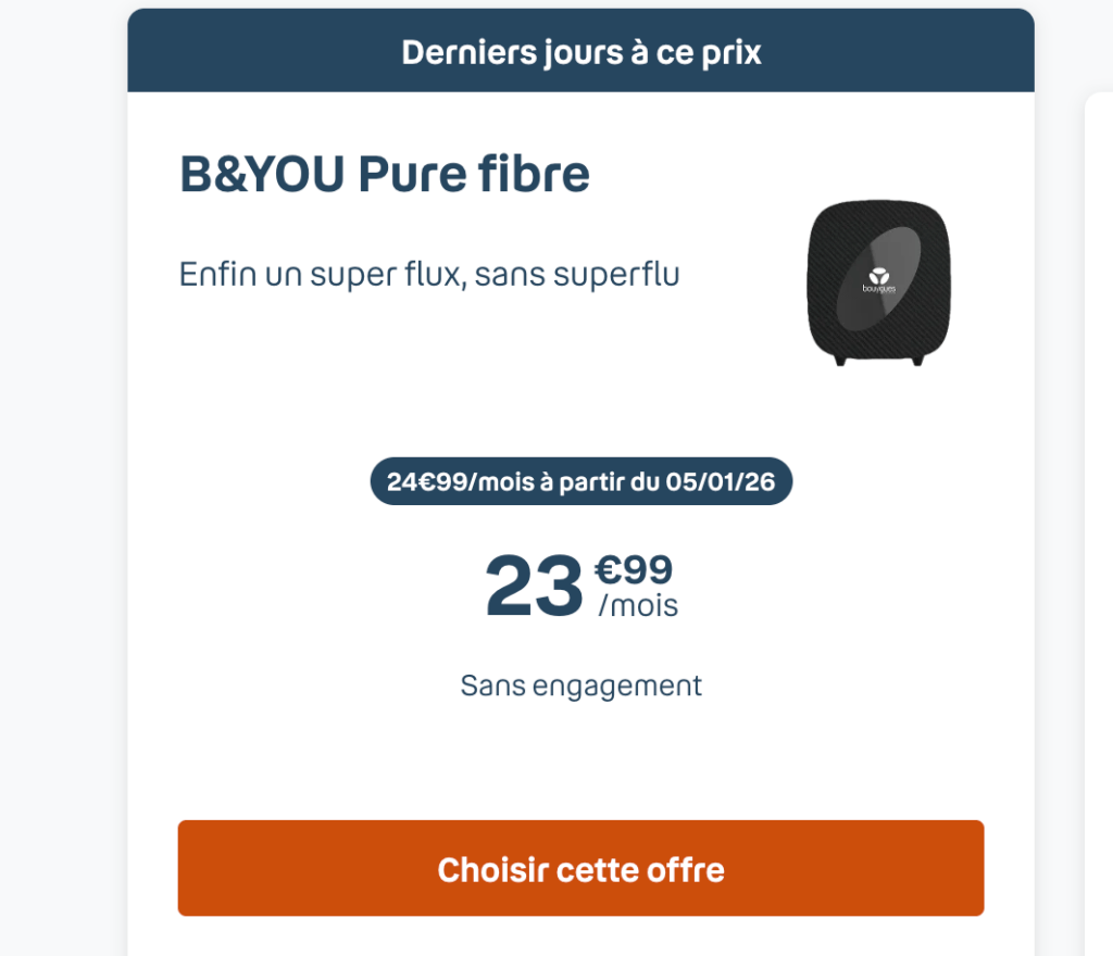 Le nouveau prix de l'offre B&You Pure Fibre.