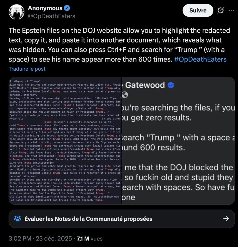 Le compte Anonymous r&eacute;v&egrave;le une erreur dans l'envoi des documents Epstein.