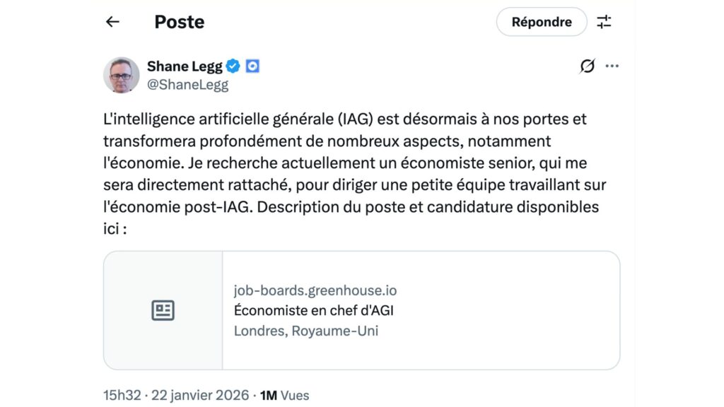 L'offre d'emploi publiée par Shane Legg. // Source : Shane Legg via X L'offre d'emploi publiée par Shane Legg. // Source : Shane Legg via X