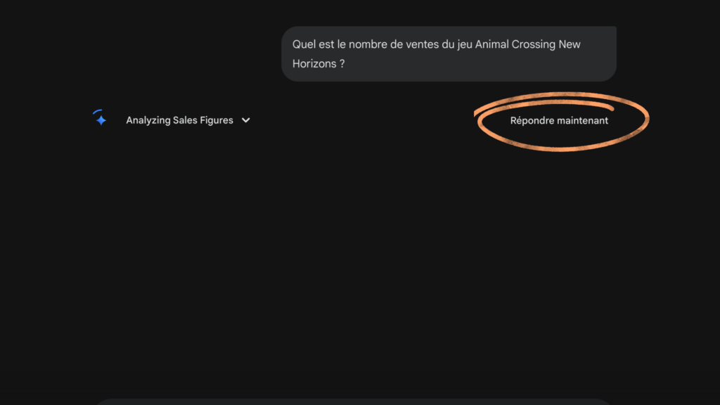 Le nouveau bouton appara&icirc;t &agrave; c&ocirc;t&eacute; de l&rsquo;indicateur de chargement lorsque Gemini r&eacute;fl&eacute;chit &agrave; votre requ&ecirc;te. // Source : Capture d'&eacute;cran Numerama