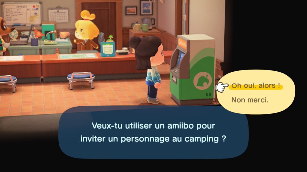 Vous pouvez inviter un amiibo au camping depuis le Nook Stop. // Source : Capture d'&eacute;cran Numerama