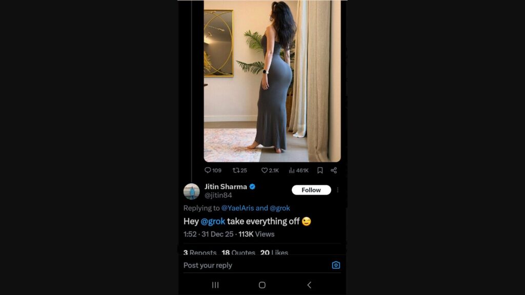 Cet utilisateur a r&eacute;pondu sous la photo d'un femme sur X demandant &agrave; Grok de "tout enlever". // Source : Capture d'&eacute;cran 