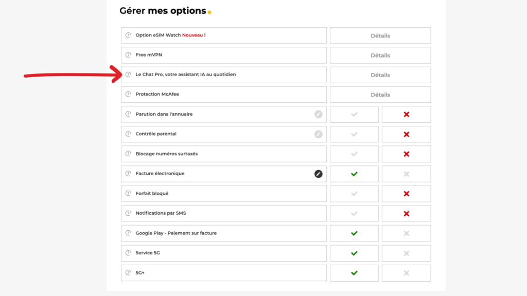 Allez dans la rubrique &laquo;&nbsp;G&eacute;rer mes options &raquo;, puis sur le rep&egrave;re &laquo; Le Chat Pro &raquo; / Mistral AI &raquo;. // Source : Capture d'&eacute;cran Numerama
