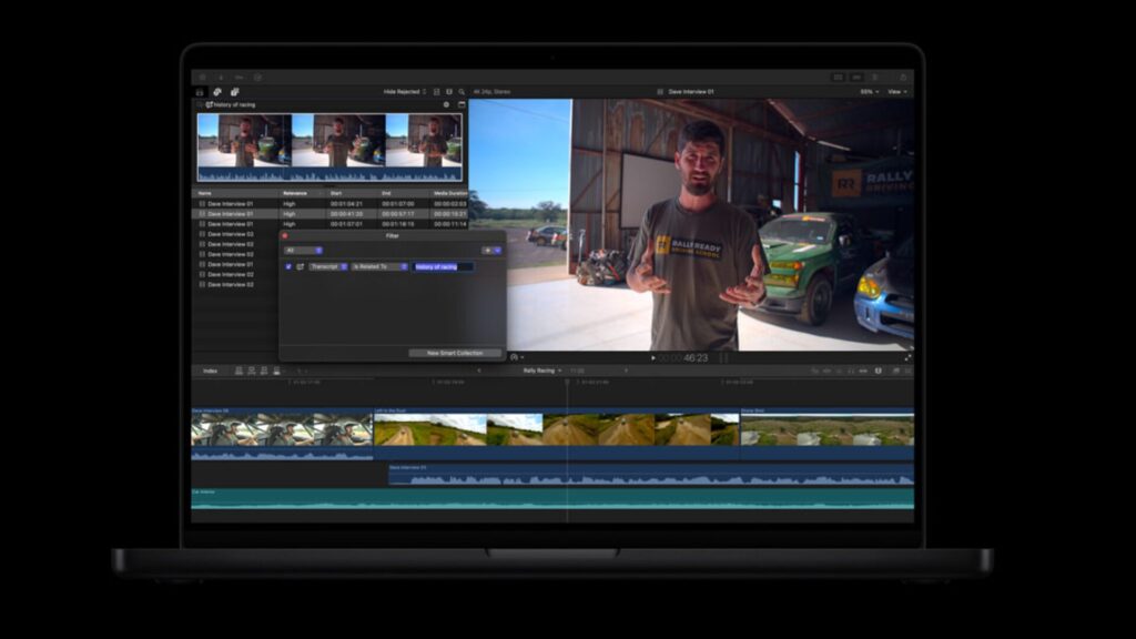 La Recherche dans les transcriptions permet de retrouver des extraits sonores dans Final Cut Pro. // Source : Apple