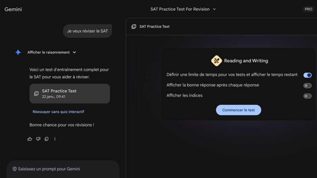 Pour l&rsquo;utiliser, il suffit de se rendre sur Gemini et d&rsquo;&eacute;crire : &laquo; Je veux passer le SAT &raquo;. // Source : Capture d'&eacute;cran Numerama