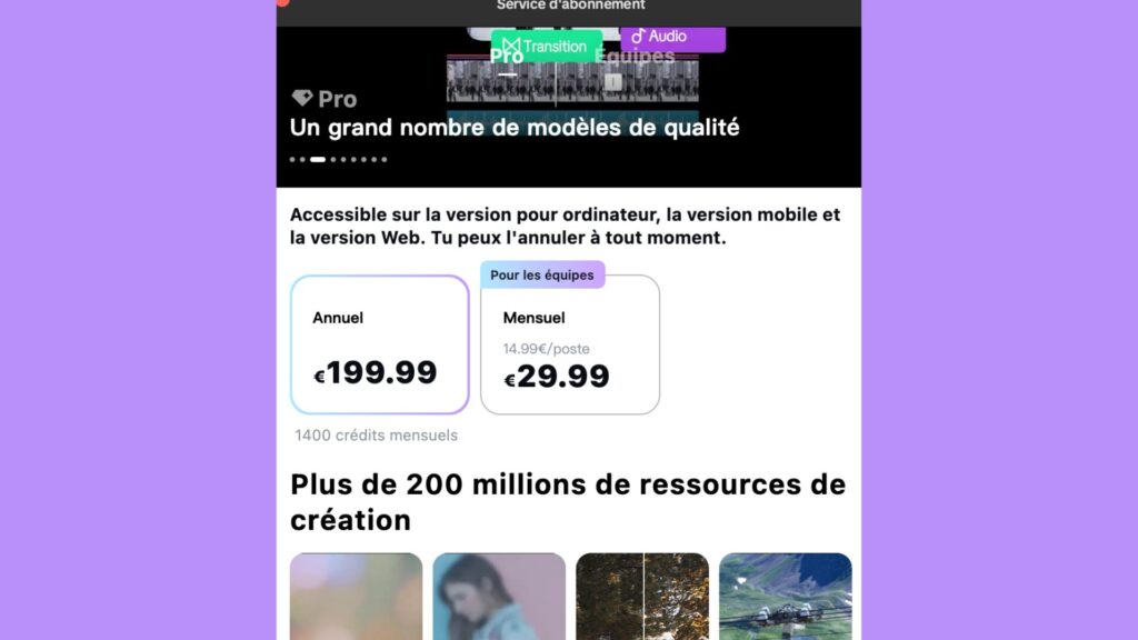 Les tarifs actuellement affich&eacute;s sur CapCut en France, au 27 janvier 2026. // Source : Capture d'&eacute;cran Numerama