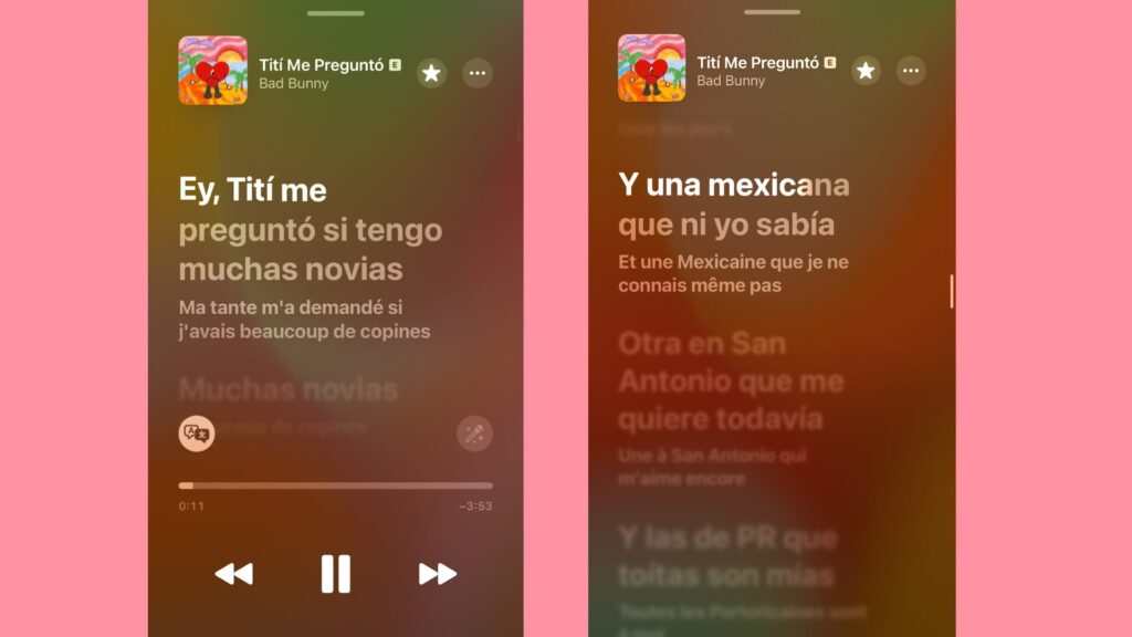 La petite ic&ocirc;ne en bas &agrave; gauche permet d'acc&eacute;der &agrave; la traduction des paroles.   // Source : Numerama / Apple Music