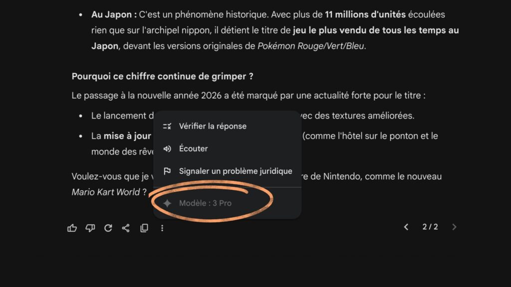 Dans notre cas, Gemini a bien conserv&eacute; Gemini 3 Pro. // Source : Capture d'&eacute;cran Numerama