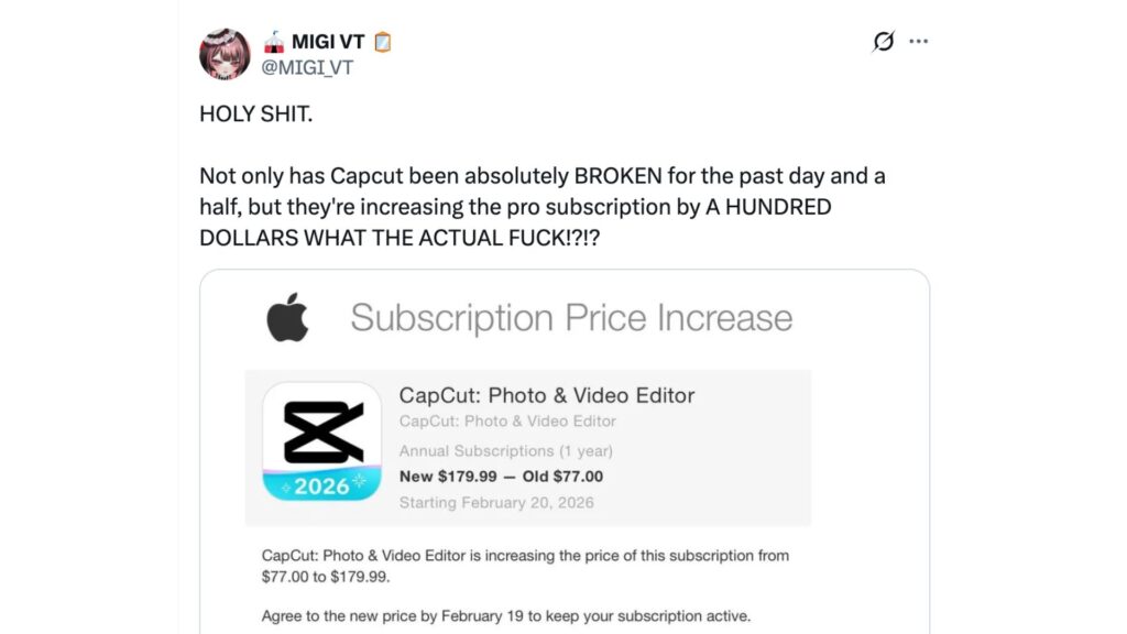 Cet utilisateur a remarqu&eacute; une hausse de prix de plus de 100 dollars sur CapCut. // Source : @MIGI_VT sur X