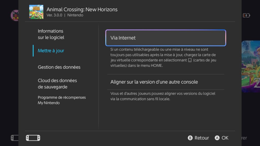 Cliquez sur &laquo; Via Internet &raquo; pour lancer la mise &agrave; jour.  // Source : Capture d'&eacute;cran Numerama