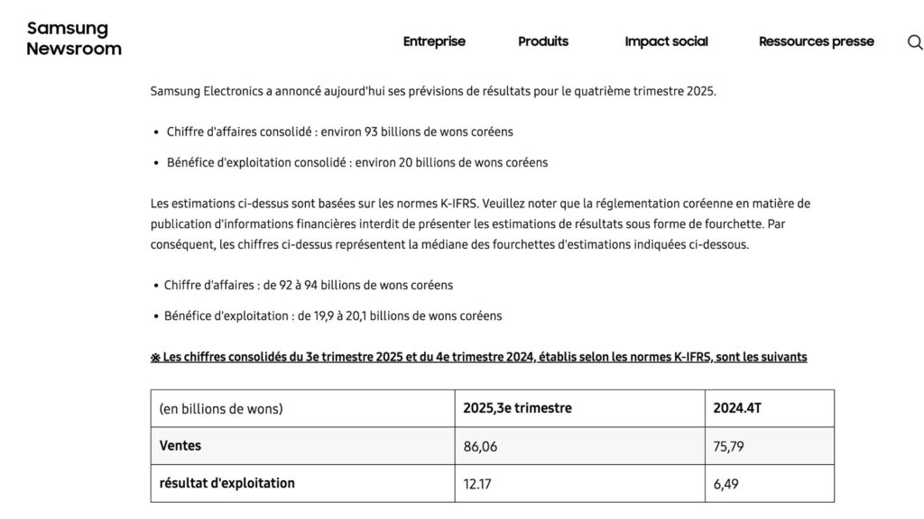 Les pr&eacute;visions du Samsung pour le T4 2025. // Source : Samsung