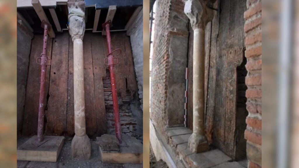 &agrave; droite : la baie g&eacute;min&eacute;e, partie basse, apr&egrave;s d&eacute;bouchage / &agrave; gauche : baie g&eacute;min&eacute;e avec les deux volets en bois, vue du centre  // Source : image droite : &Eacute;tude arch&eacute;ologique - Had&egrave;s / image gauche : CHU Toulouse 