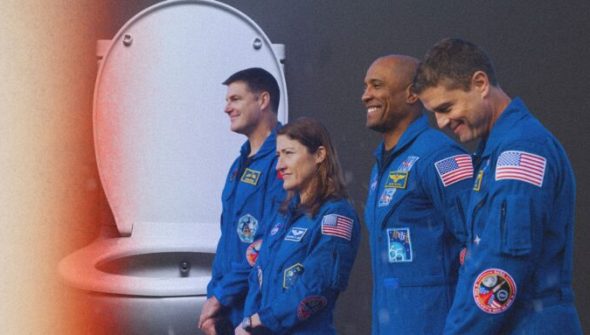 Comment feront les astronautes pour aller aux toilettes ? // Source : Via Flickr/Nasa ; montage Numerama avec Canva