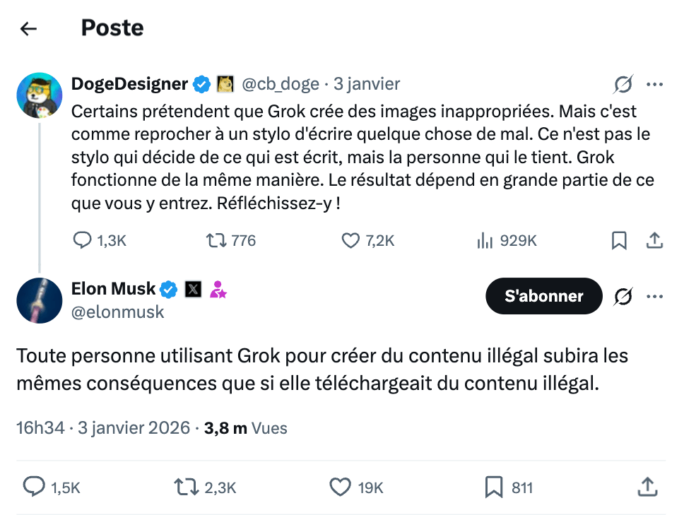 Elon Musk a bri&egrave;vement r&eacute;agi sur X, le 3 janvier 2026.  // Source : Capture d'&eacute;cran