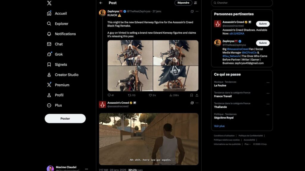 Ubisoft répond aux rumeurs sur le remake d'Assassin's Creed IV: Black Flag avec un mème // Source : Capture X Ubisoft répond aux rumeurs sur le remake d'Assassin's Creed IV: Black Flag avec un mème // Source : Capture X