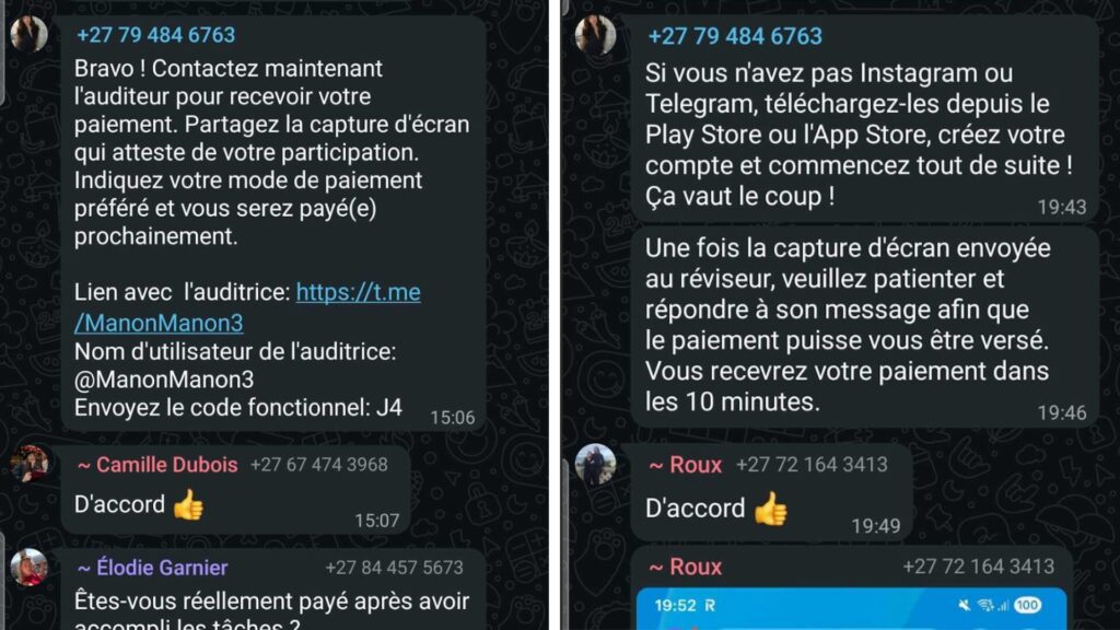 Groupe Whatsapp d'arnaque &agrave; la t&acirc;che // Source : Capture d'&eacute;cran Numerama
