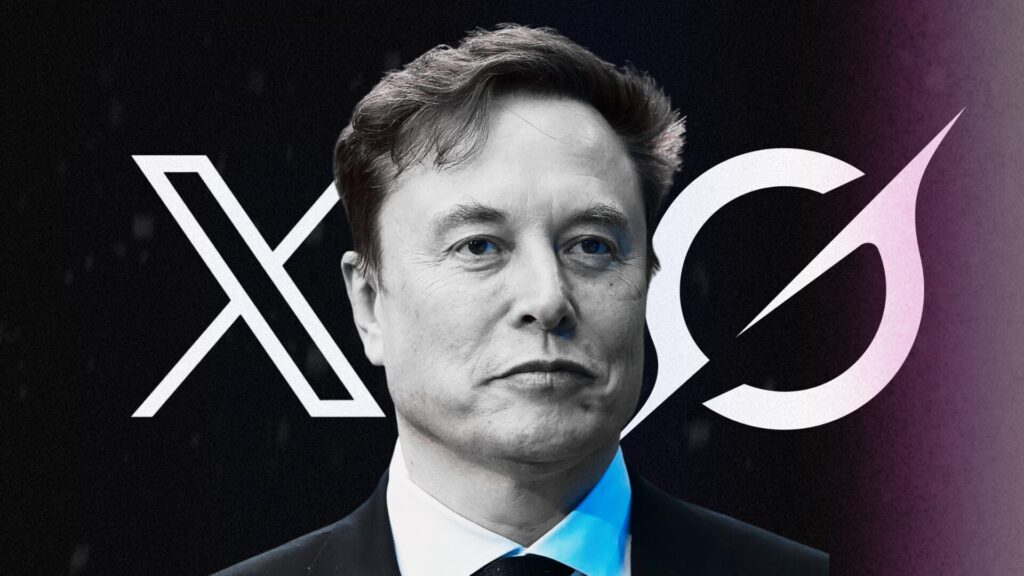 Elon Musk et le logo de X et Grok. // Source : xAI / Gage Skidmore