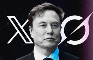 Elon Musk et le logo de X et Grok. // Source : xAI / Gage Skidmore