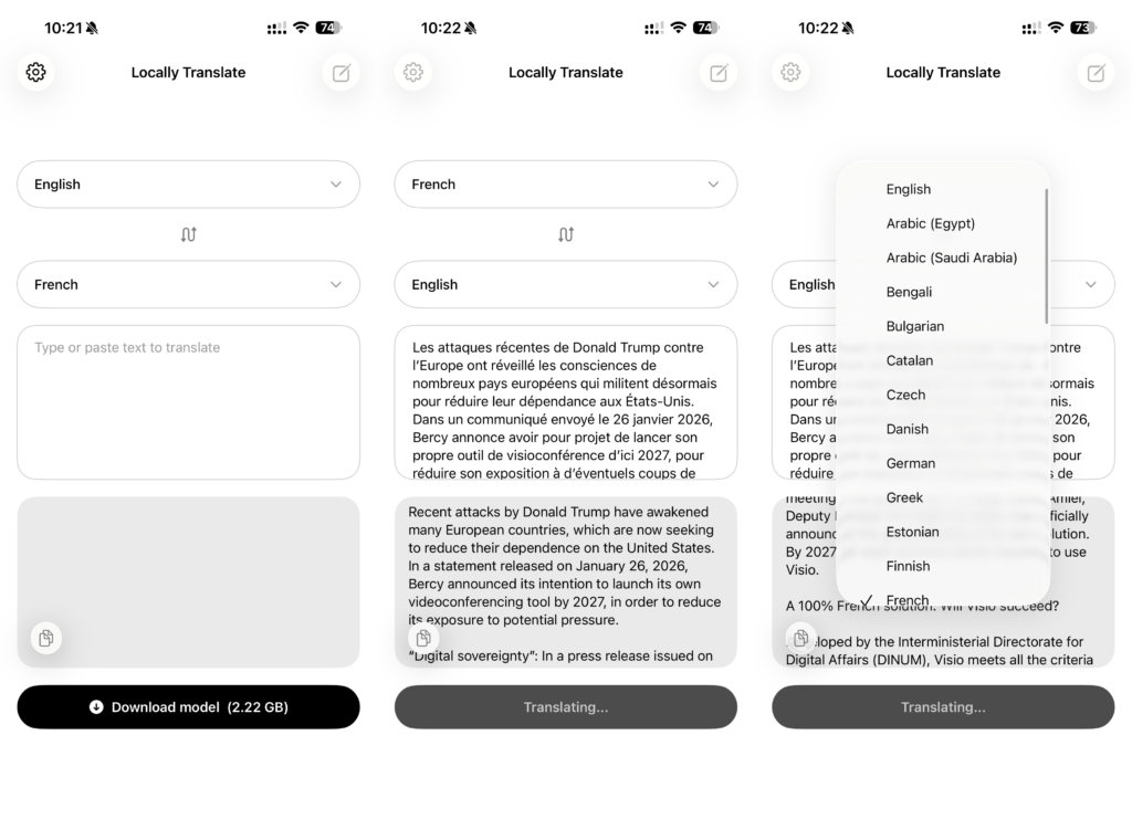 L'interface de Locally Translate sur iPhone.