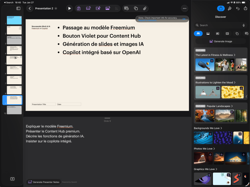Cette pr&eacute;sentation et les notes ont &eacute;t&eacute; int&eacute;gralement g&eacute;n&eacute;r&eacute;s par OpenAI, dans Keynote. On aper&ccedil;oit aussi les boutons violets et la banque d'images.