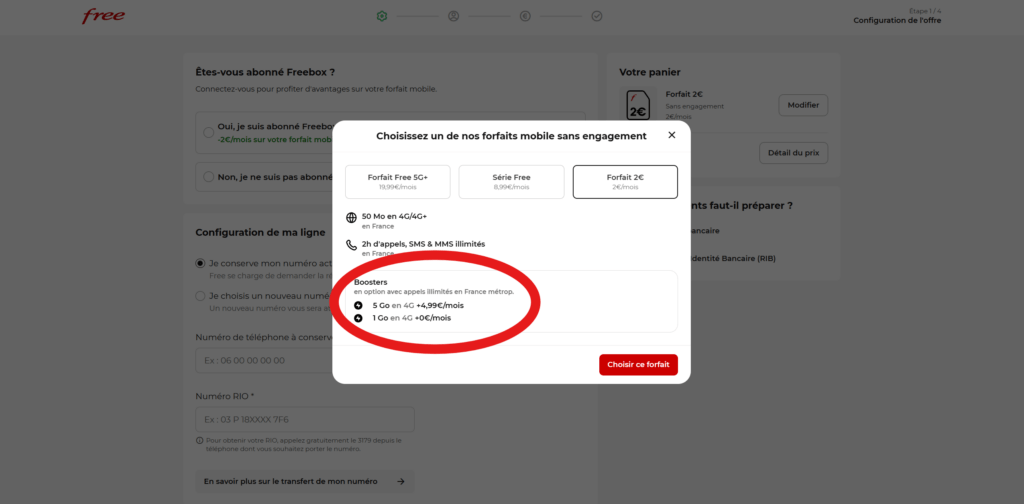 Le Booster 1 Go est affich&eacute; &agrave; 0 par mois au moment de la souscription