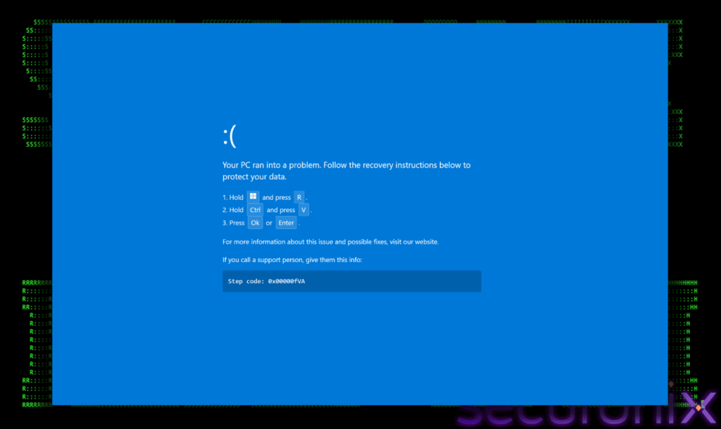 Faux &eacute;cran bleu de la mort, issu de la campagne cybercriminelle PHALT#BLYX // Source : Securonix