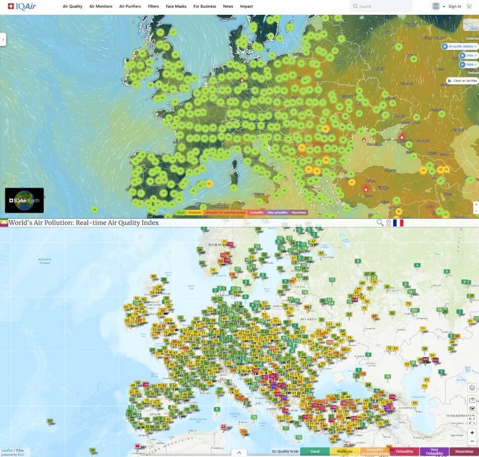 D&rsquo;un service &agrave; l&rsquo;autre, les cartes de la qualit&eacute; de l&rsquo;air peuvent varier consid&eacute;rablement, comme le montre cette comparaison du 17/11/2025 &agrave; 05h00 entre les cartes disponibles via IQAir (en haut) et Waqi (en bas). // Source : IQ Air/Waqi.info