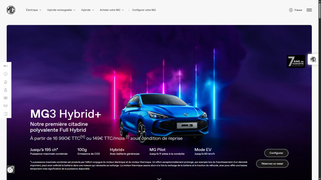 MG3 hybrid+ est bien moins cher  // Source : Capture site MG 