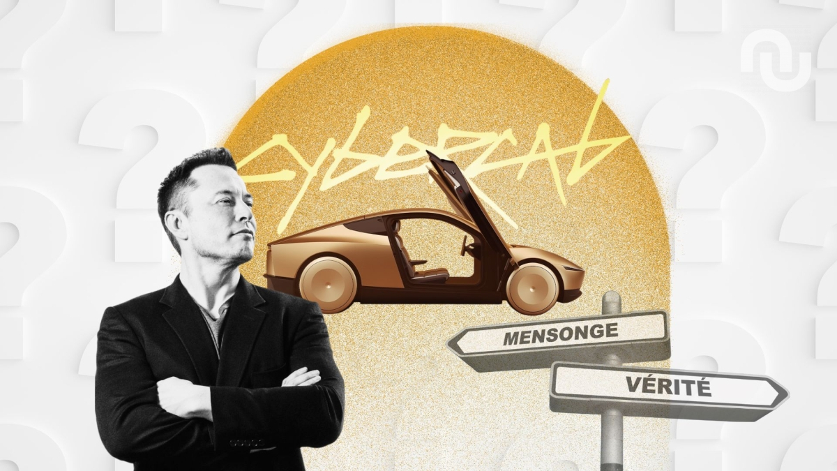 Elon Musk et le Cybercab // Source : Montage Numerama avec Canva Elon Musk et le Cybercab // Source : Montage Numerama avec Canva