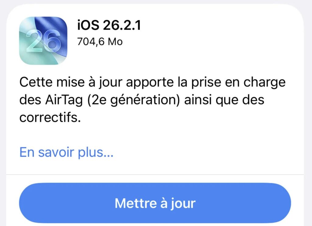Le changelog d'iOS 26.2.1 ne dit pas ce que corrige la mise à jour. Le changelog d'iOS 26.2.1 ne dit pas ce que corrige la mise à jour.