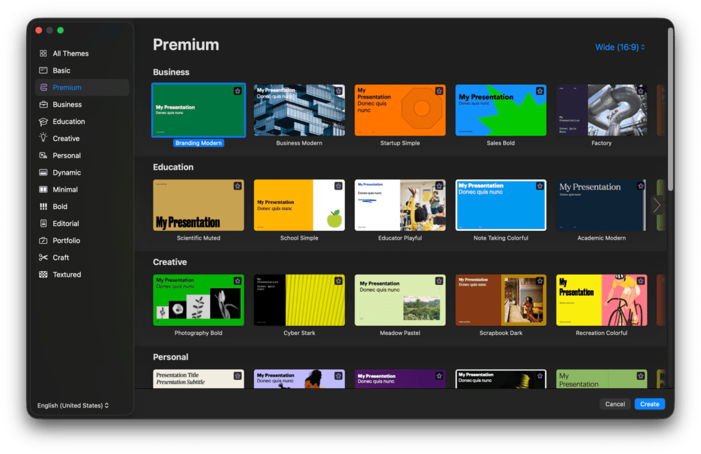 Choix surprenant : Apple propose un onglet &laquo; Premium &raquo; dans ses applications avec des templates r&eacute;serv&eacute;s aux abonn&eacute;s.